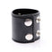 adjustable black faux leather ball stretcher featuring silver snap closures and wide cuff design