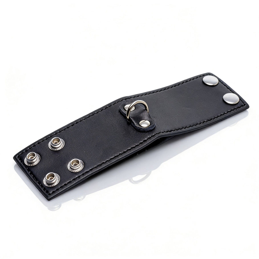 black faux leather 2-inch ball stretcher with adjustable snap closure and silver metal d-ring hardware