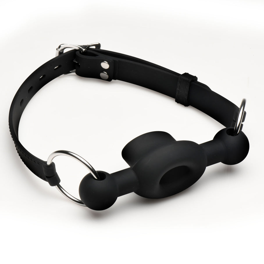 Sleek black silicone and polished steel design on FORCED feeding gag for couples
bondage