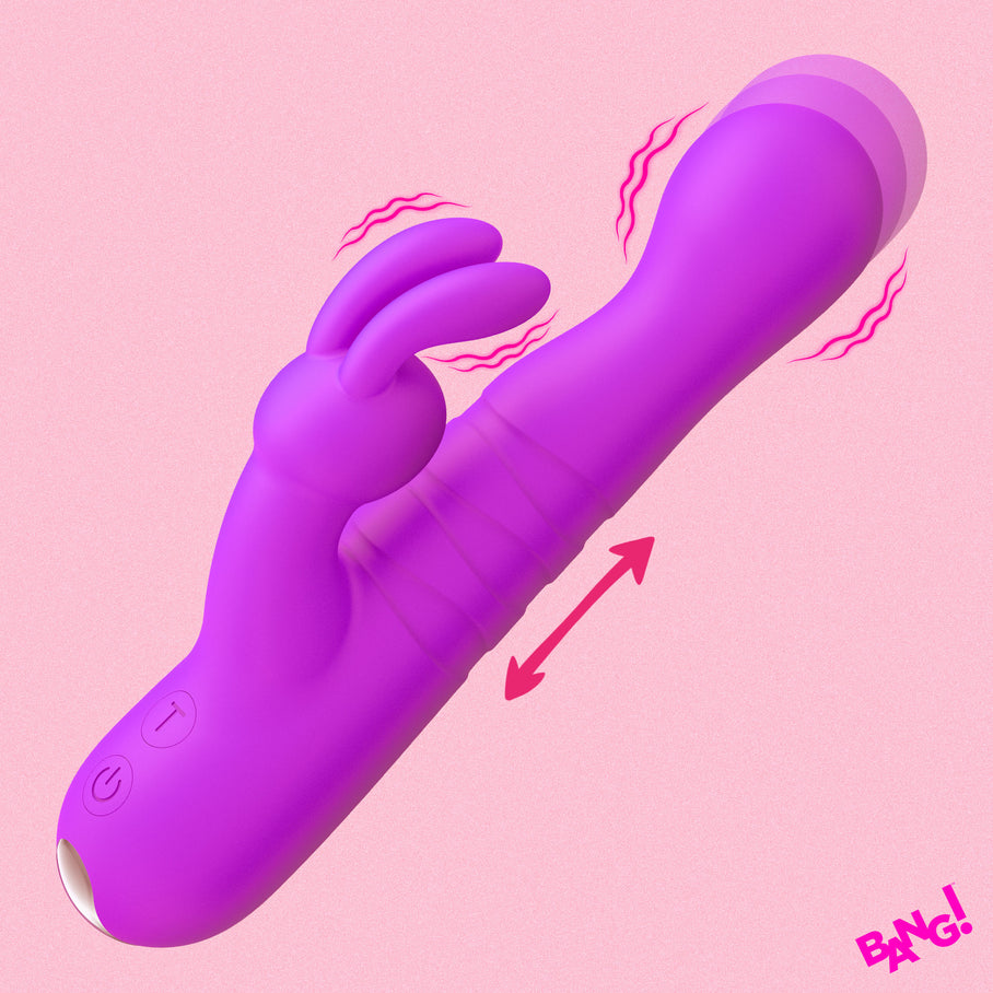 Thrusting silicone rabbit vibe in purple with clitoral ears