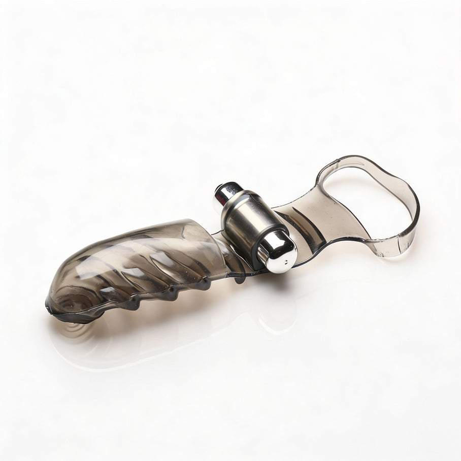 Angled product view of the vibrating finger glove showing the textured sleeve, integrated bullet vibrator, and ergonomic finger loop for controlled stimulation