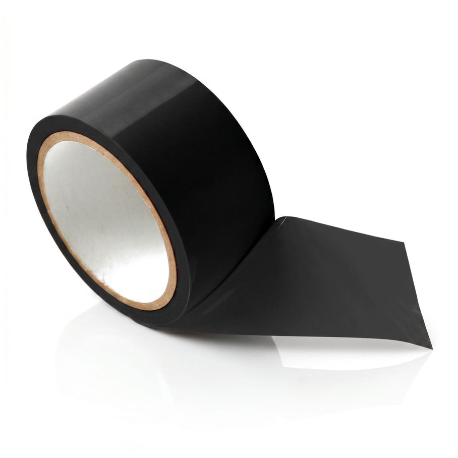 Black bondage tape roll with a glossy finish and self-adhering design for restraint, roleplay, and body wrapping applications