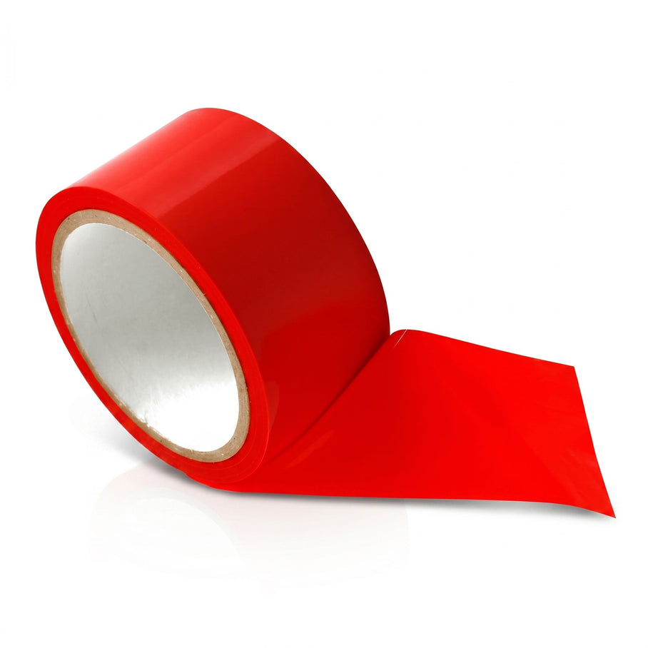 Red bondage tape roll featuring a smooth glossy surface and flexible self-cling construction for creative bondage play