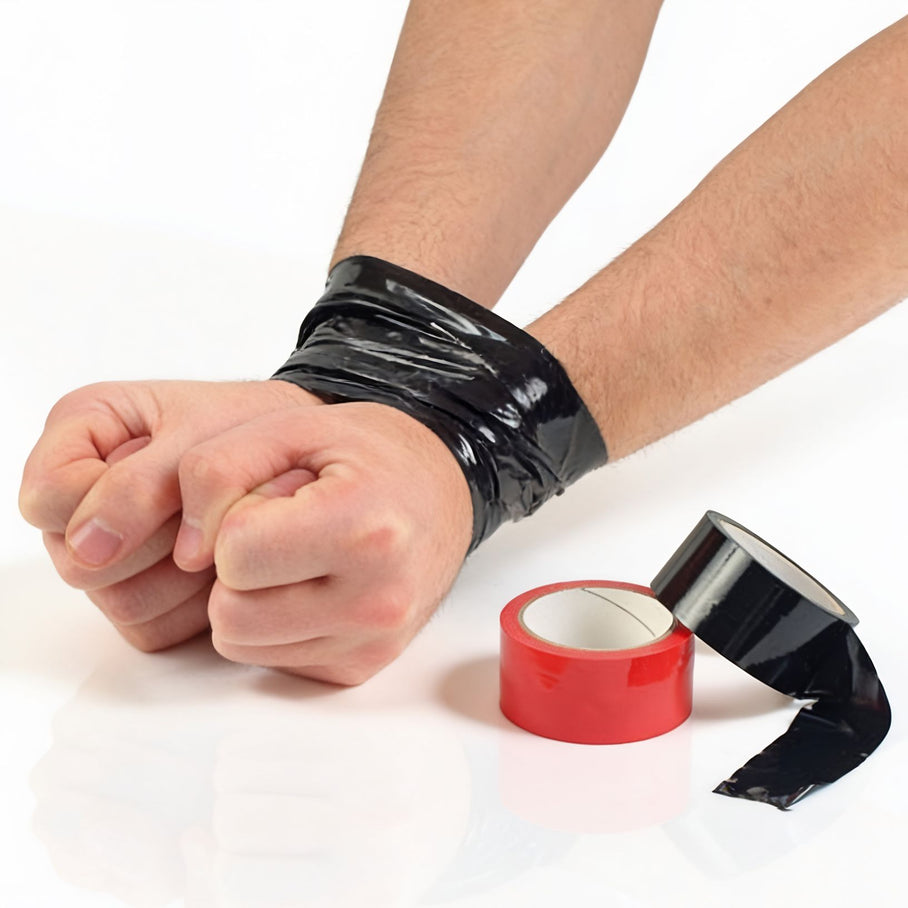 Black bondage tape wrapped around wrists to demonstrate its self-adhesive restraint use without sticking to skin or hair