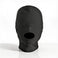 black full head disguise hood featuring padded blindfold and reinforced open mouth opening