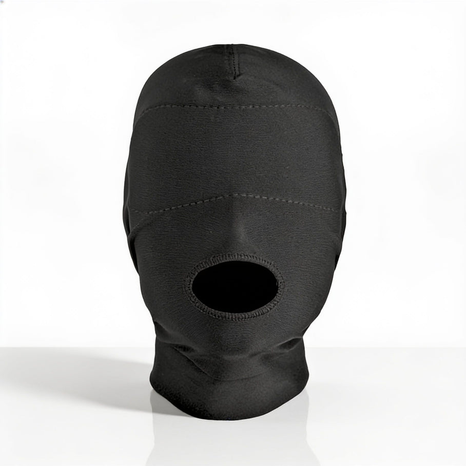 black full head disguise hood featuring padded blindfold and reinforced open mouth opening