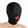 model wearing black disguise hood with padded blindfold covering the eyes and open mouth access opening