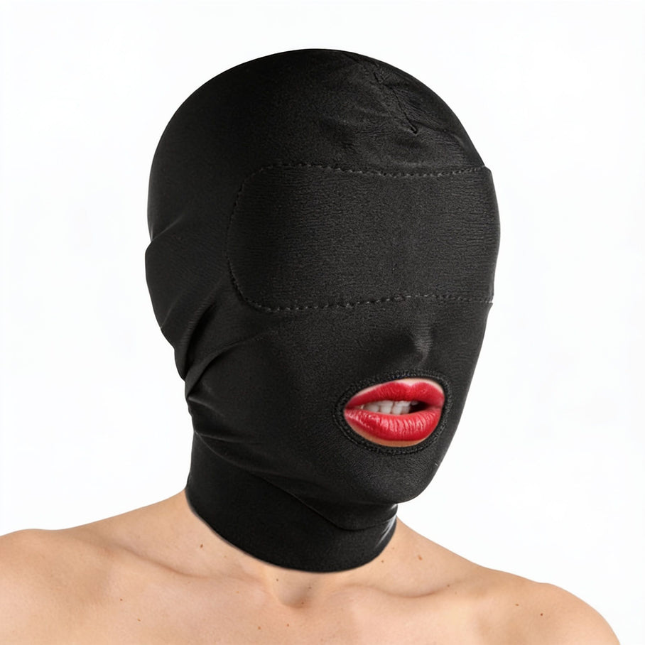 model wearing black disguise hood with padded blindfold covering the eyes and open mouth access opening