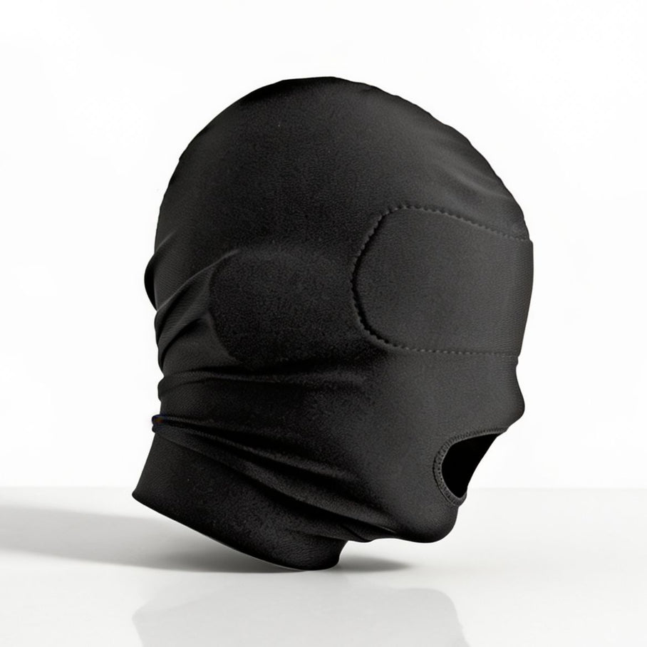 black disguise hood with open mouth design and padded blindfold panels for sensory deprivation play