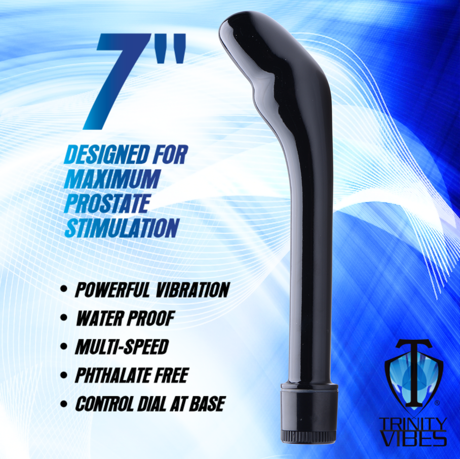 Essential Prostate Vibe infographic highlighting a 7-inch length, powerful vibration, waterproof construction, multi-speed settings, phthalate-free material, and control dial base design