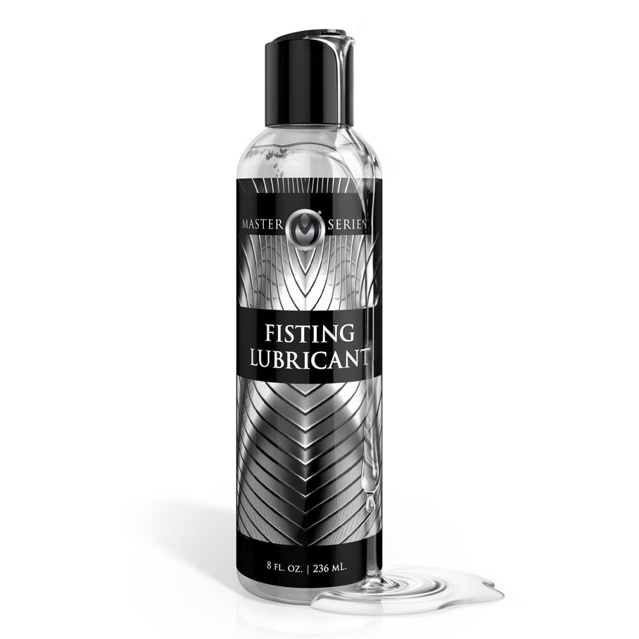 Master Series Fisting Lubricant 8 oz bottle with clear lubricant flowing from the cap onto a white background