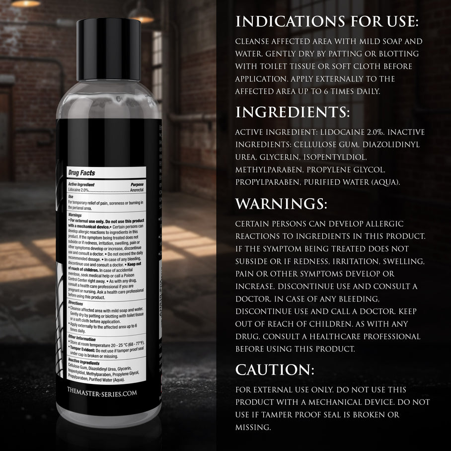Back label view of Master Series Fisting Lubricant displaying directions, active ingredients, warnings, and product information