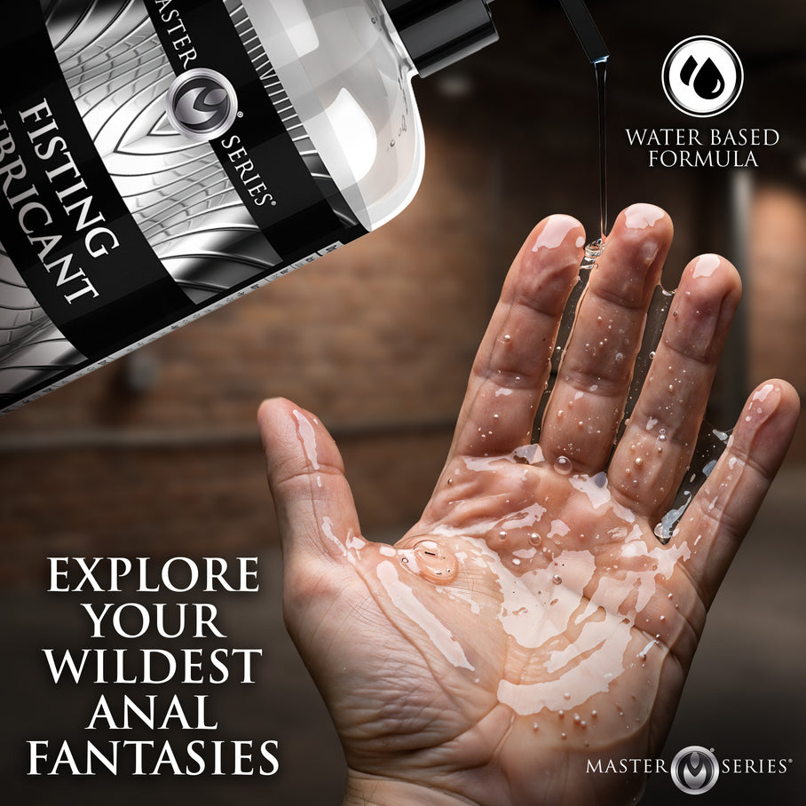 Master Series Fisting Lubricant dispensing clear water-based lubricant onto an open hand with feature callout highlighting water-based formula