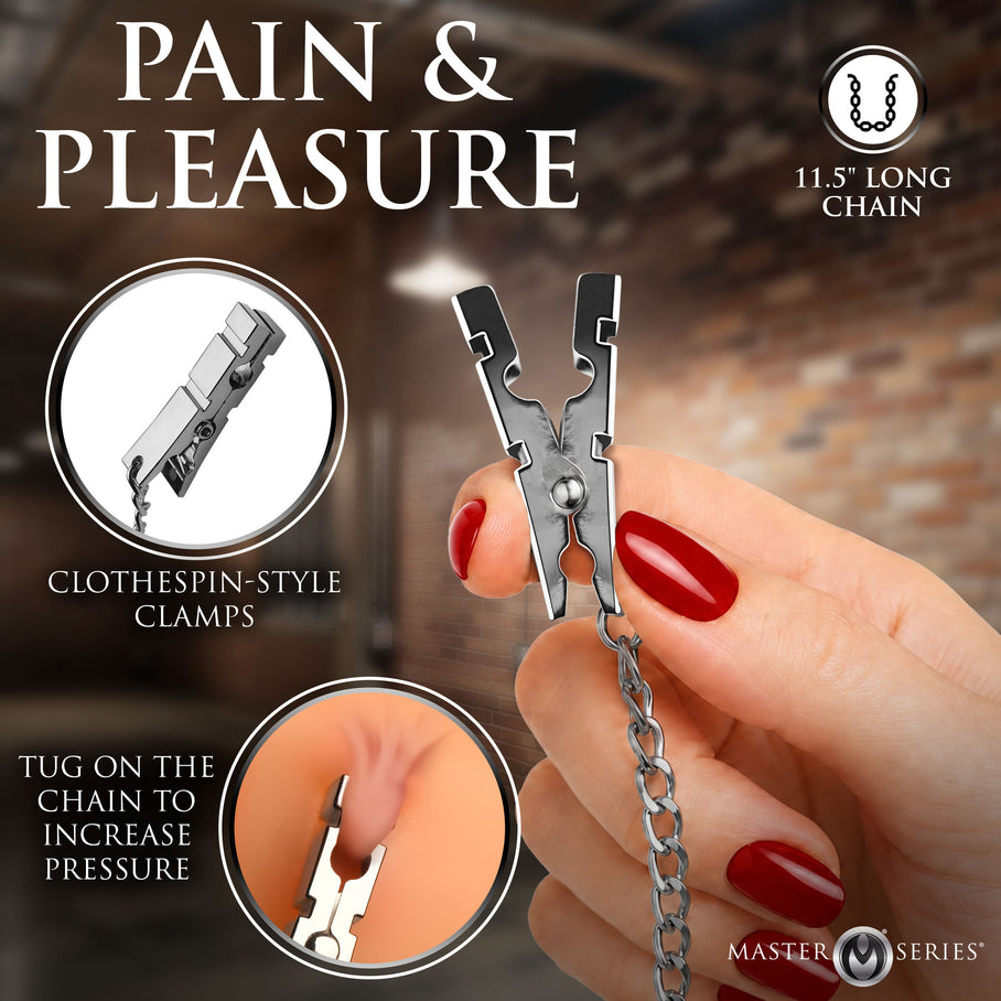 Clothespin style clamp head on the Naughty Pleasure nipple clamps