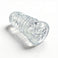 Angled product view of the Palm-Tec LX20 Intense Stroker highlighting the clear flexible sleeve and textured outer design