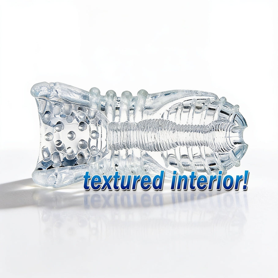Cutaway illustration of the Palm-Tec LX20 Intense Stroker revealing the multi-textured internal canal with nubs, ridges, and stimulating chambers for varied sensations