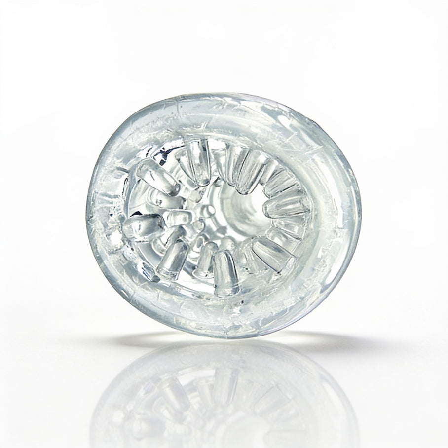 Front-facing view of the Palm-Tec LX20 Intense Stroker displaying the tight opening and intricate internal texture for enhanced stimulation