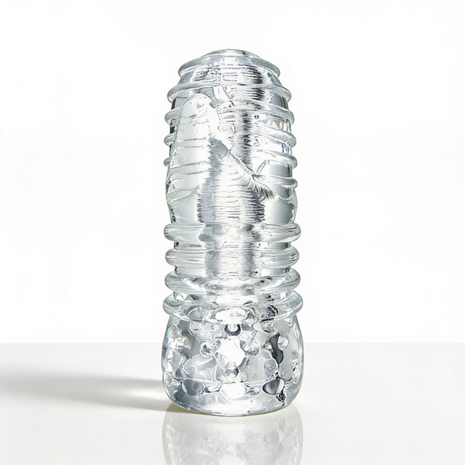 Palm-Tec LX20 Intense Stroker standing upright with a transparent textured exterior featuring raised rings and stimulating internal contours