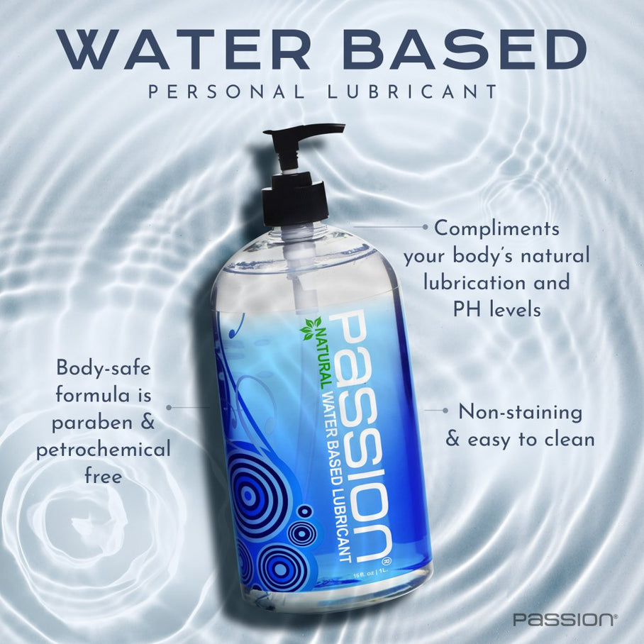 Passion Natural Water Based Lubricant 16oz bottle displayed with product benefits highlighting body-safe formula, pH balance support, and easy cleanup