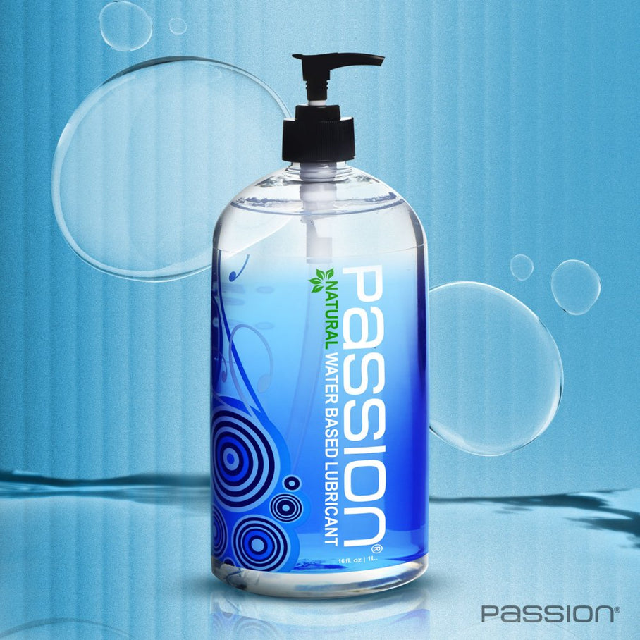 Passion Natural Water Based Lubricant 16oz pump bottle displayed against a blue water-inspired background with bubble accents