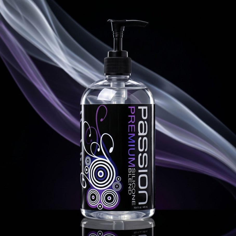 Passion Premium silicone-based lubricant in a clear pump bottle with black and purple label displayed against a dark background with flowing abstract accents