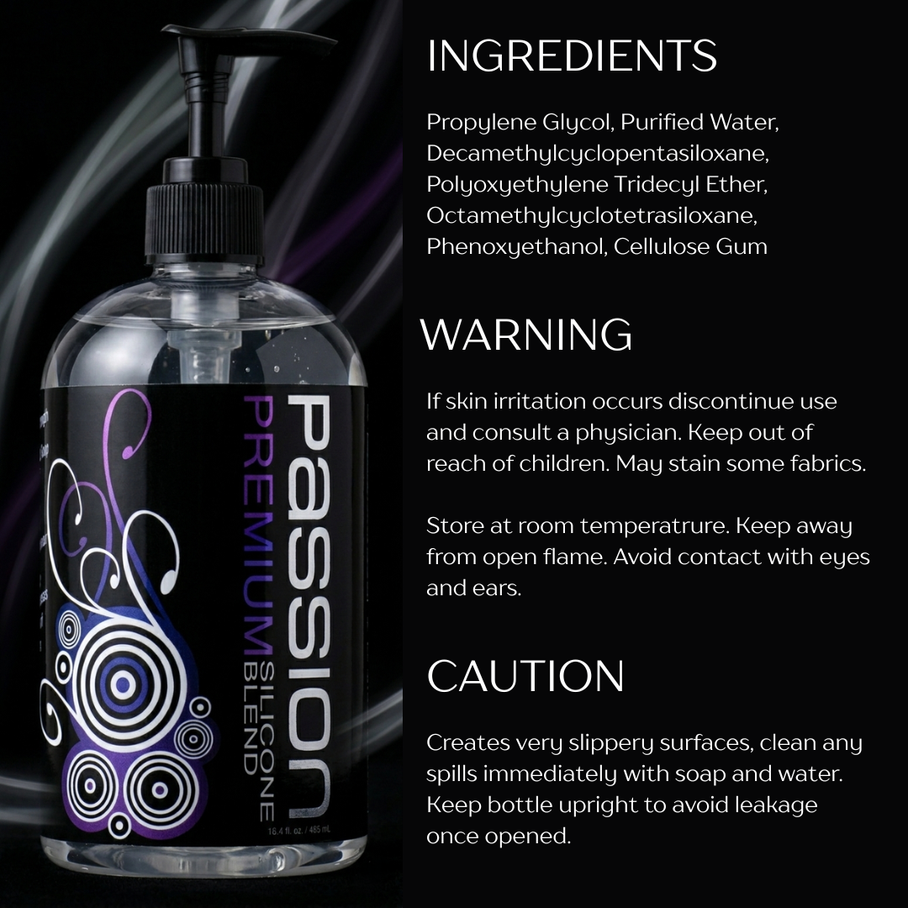 Passion Premium silicone-based lubricant bottle beside ingredient, warning, and caution information panel showing product details and usage information