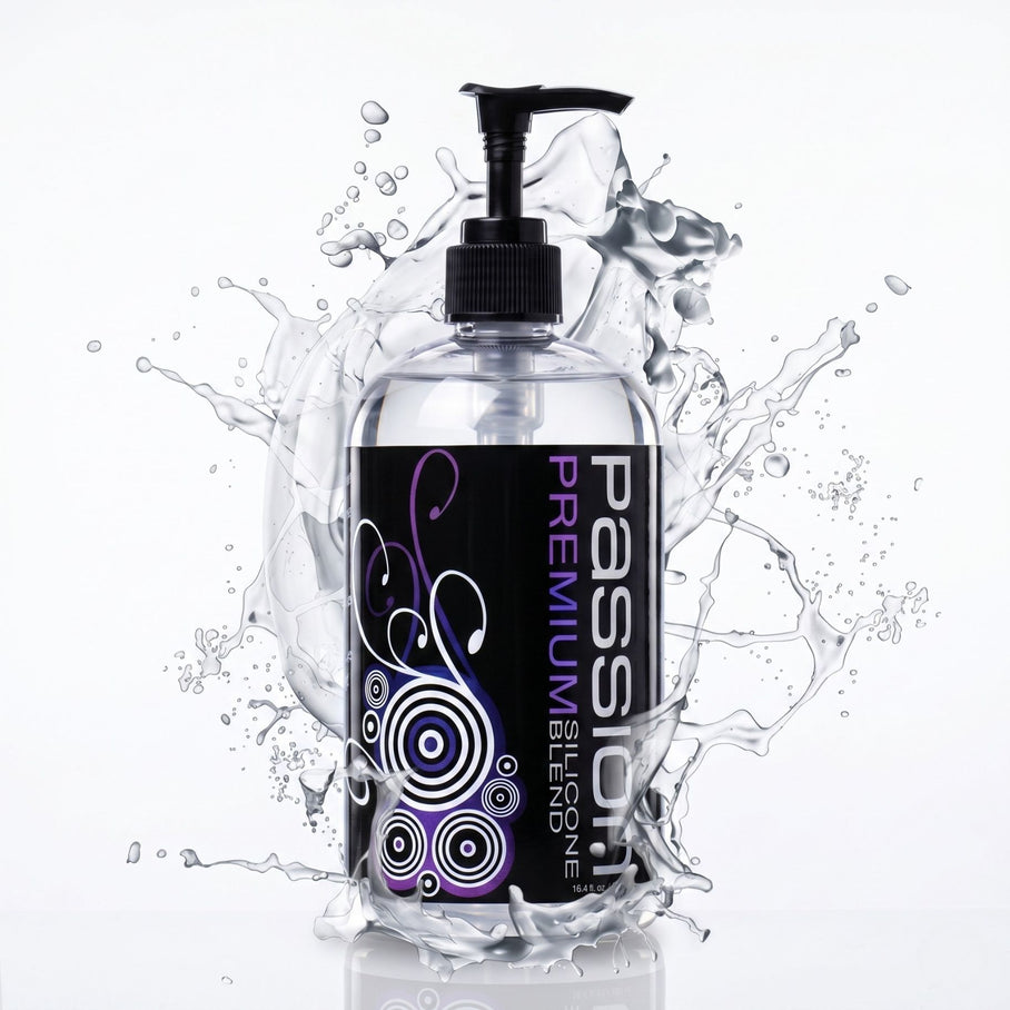 large bottle of Passion Premium silicone-based lubricant with pump dispenser surrounded by dynamic water splash effects on a clean white background