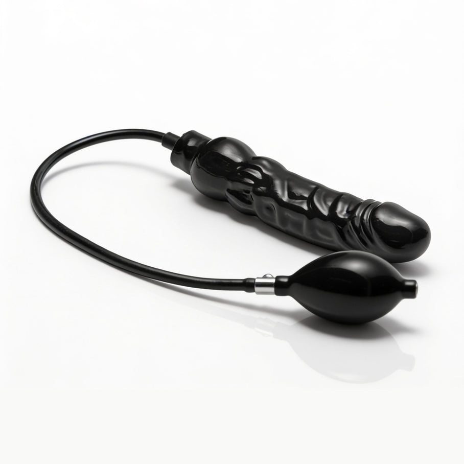 black inflatable dildo with textured shaft and attached hand pump shown in deflated state