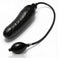 black inflatable dildo with expanded girth, textured shaft, and attached inflation pump for customizable sizing and pressure control