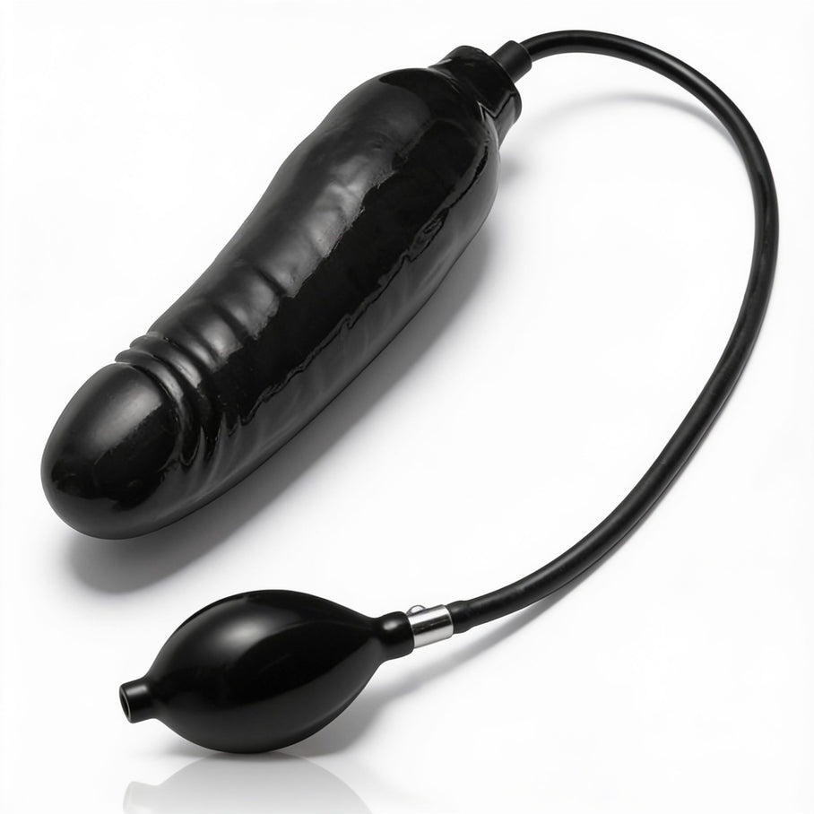 black inflatable dildo with expanded girth, textured shaft, and attached inflation pump for customizable sizing and pressure control