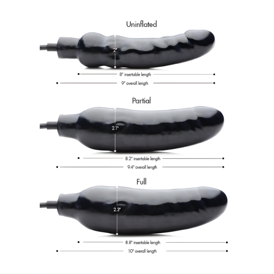 inflatable black dildo sizing chart showing uninflated, partially inflated, and fully inflated dimensions with insertable length measurements