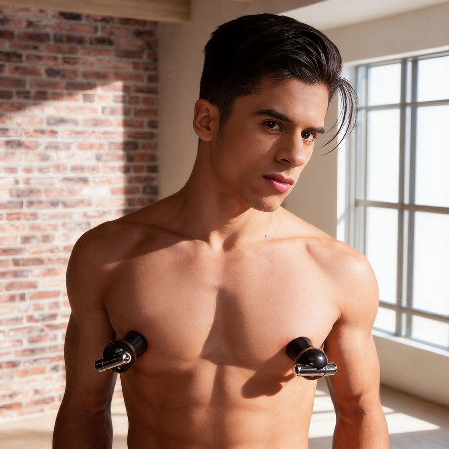 Male model wearing vibrating nipple suckers with chrome-accented stimulation tips designed for hands-free nipple play and sensation enhancement