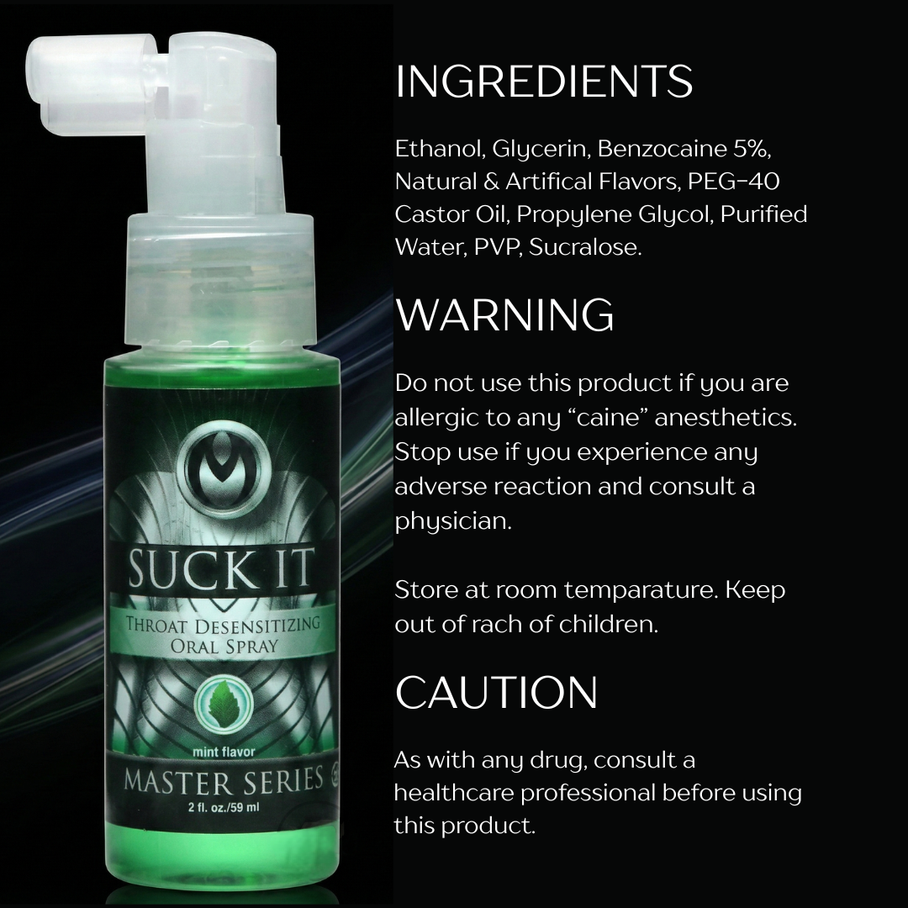 suck it deep throat desensitizing oral spray ingredient list, usage warnings, and product information infographic