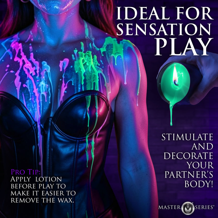 Three-color wax candle trio with neon blacklight glow for sensation exploration