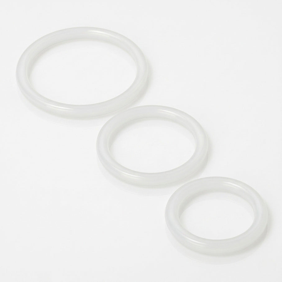 three translucent silicone cock rings in graduated sizes featuring flexible body-safe construction and smooth finish