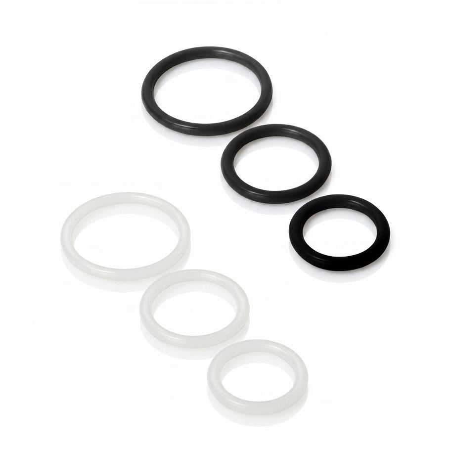 set of six silicone cock rings in black and translucent finishes featuring three graduated sizes for customizable fit