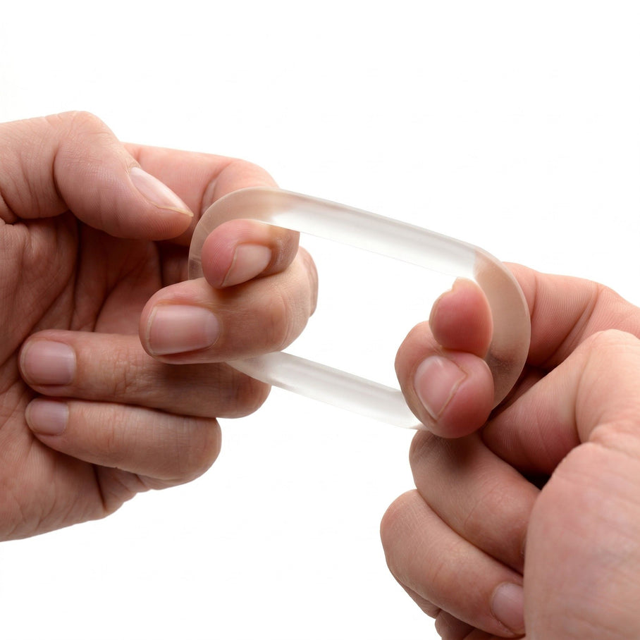 Universal Super-Stretch Cock Ring being stretched between two hands to showcase its elasticity, flexibility, and comfortable fit