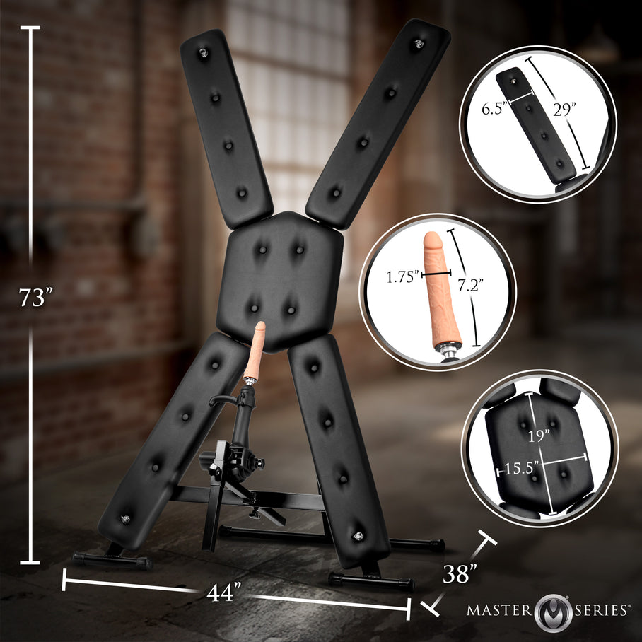 Master Series body-safe bondage cross with Vac-U-Lock compatible sex machine
