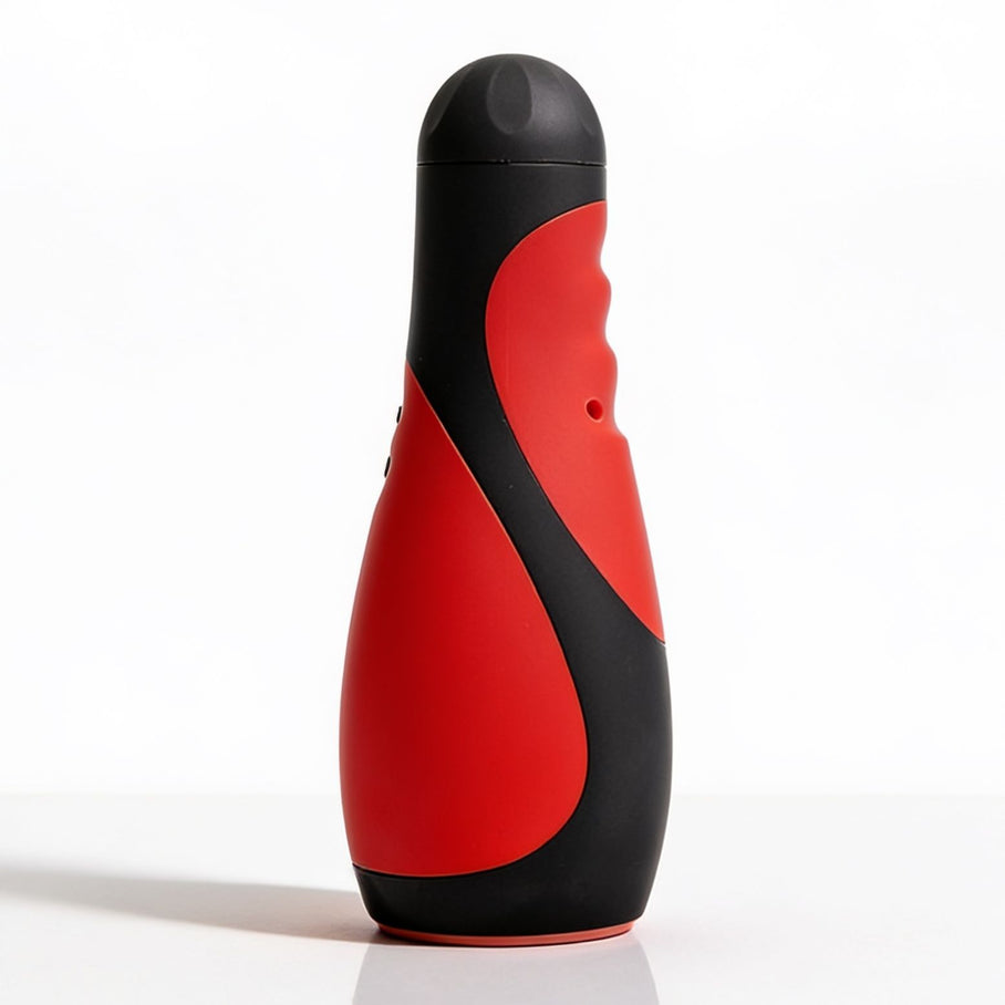 Vibra Head Bionic Auto Stroker featuring a red and black ergonomic exterior, rounded tip, and hands-free upright design