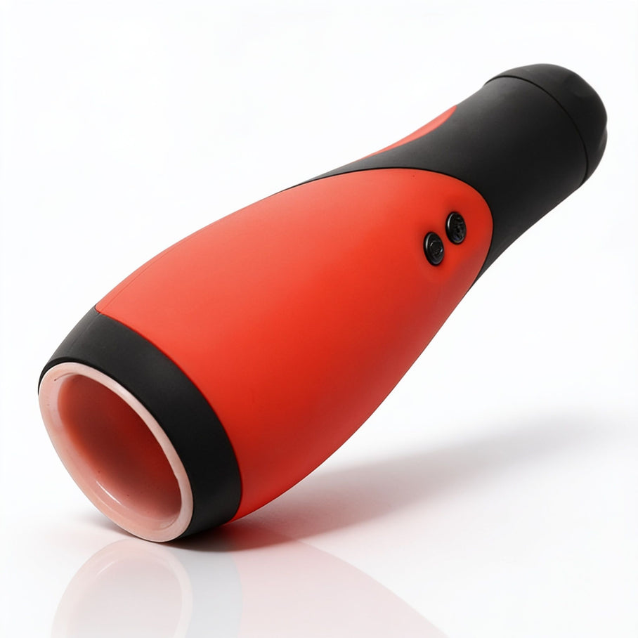Angled view of the Vibra Head Bionic Auto Stroker showing the tapered body, textured grip contours, and dual control buttons