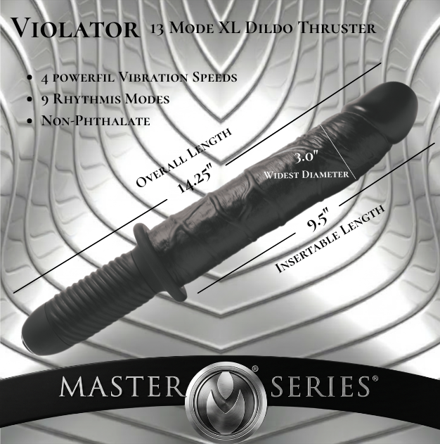 The Violator 13-Mode XL Dildo Thruster infographic showing 14.25-inch overall length, 9.5-inch insertable length, 3-inch widest diameter, and 13 vibration modes