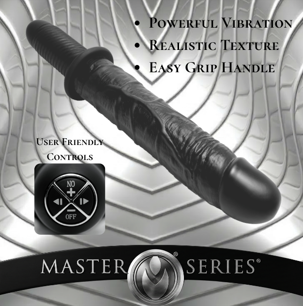 The Violator 13-Mode XL Dildo Thruster infographic highlighting powerful vibration, realistic texture, easy-grip handle, and user-friendly controls