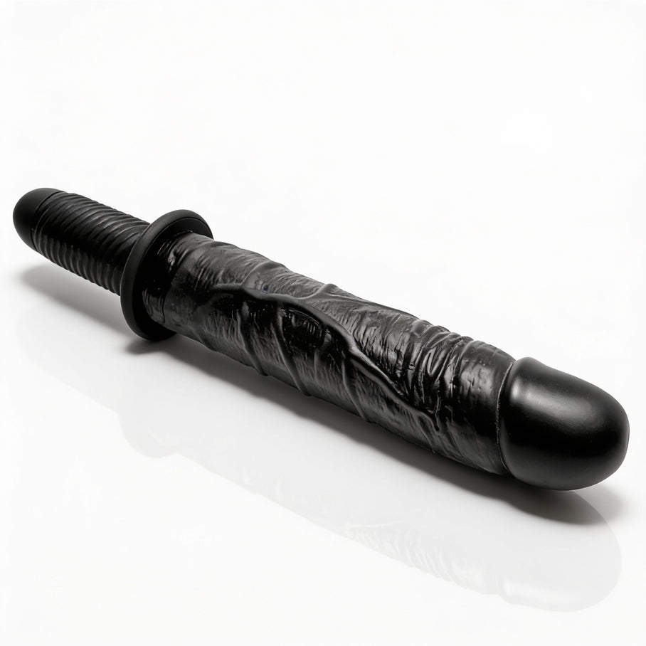 The Violator 13-Mode XL Dildo Thruster featuring a textured black shaft, flared safety guard, and ergonomic ribbed handle on a white background
