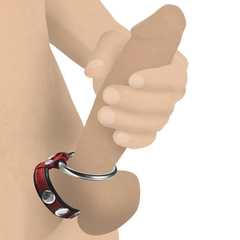 Red Leather and Steel Penis and Ball Ring